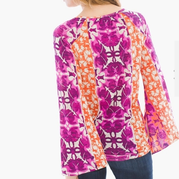 Chico's Mystic Batik Print Flare-Sleeve Top Orange Purple - Size 12 (2) - Picture 2 of 12